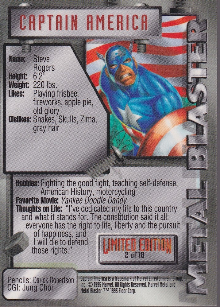 1995 FLEER MARVEL METAL-CAPTAIN AMERICA-NO.2 OF 18 (METAL BLASTER)