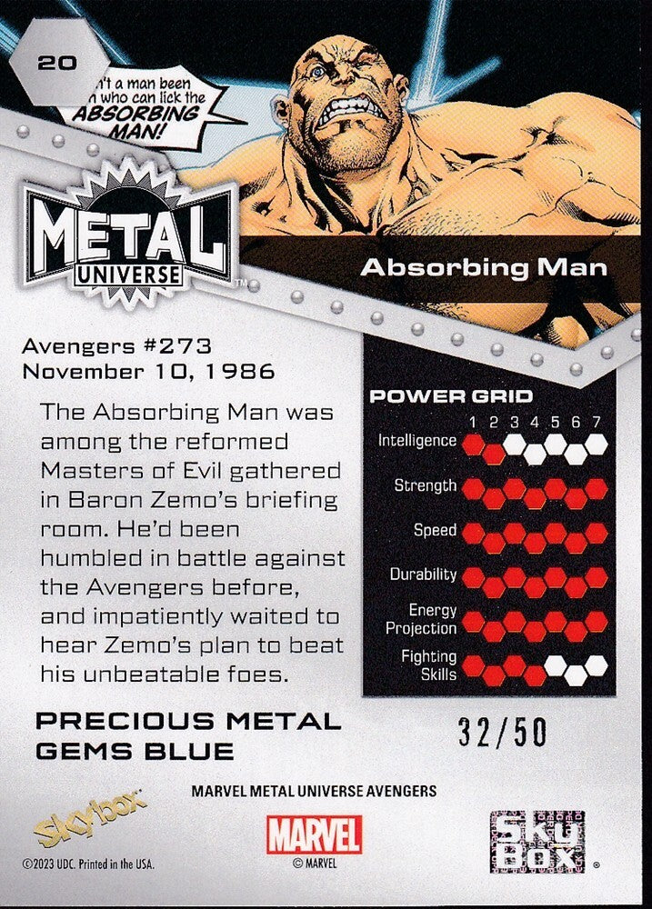 2023 MARVEL METAL AVENGERS-ABSORBING MAN-NO.20 (PRECIOUS METAL GEMS BLUE-32/50)