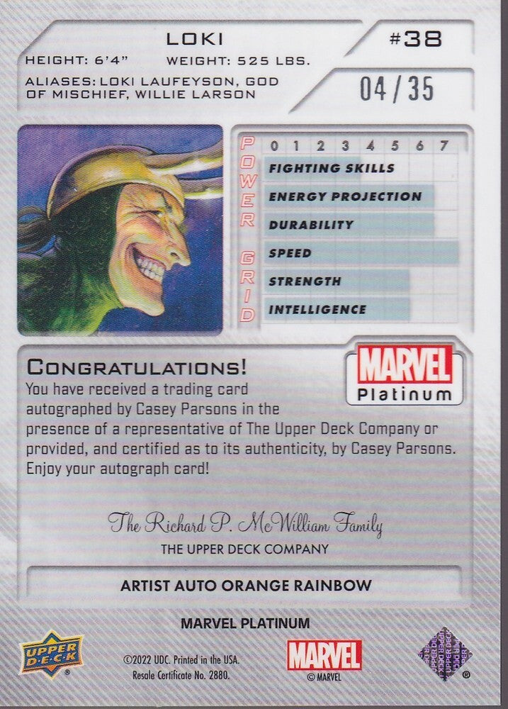 2023 MARVEL PLATINUM-LOKI/CASEY PARSONS-NO.38 (ARTIST AUTO ORANGE RAINBOW-04/35)