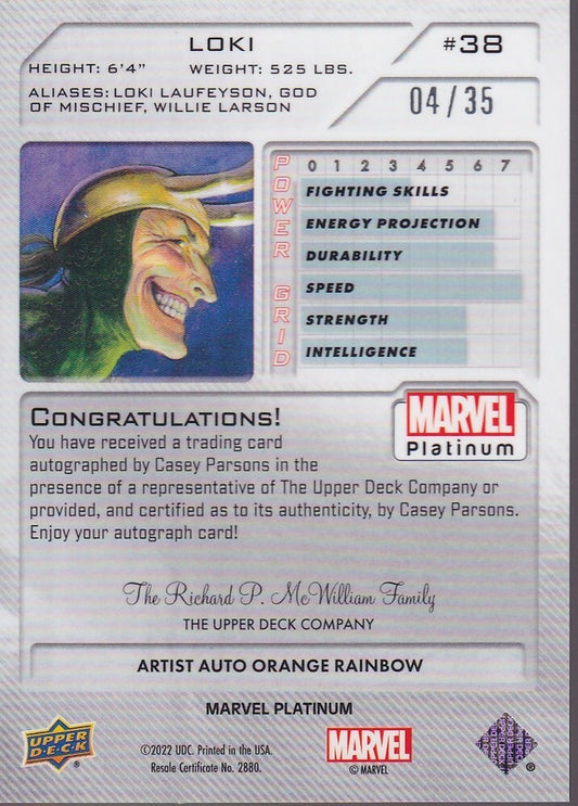2023 MARVEL PLATINUM-LOKI/CASEY PARSONS-NO.38 (ARTIST AUTO ORANGE RAINBOW-04/35)