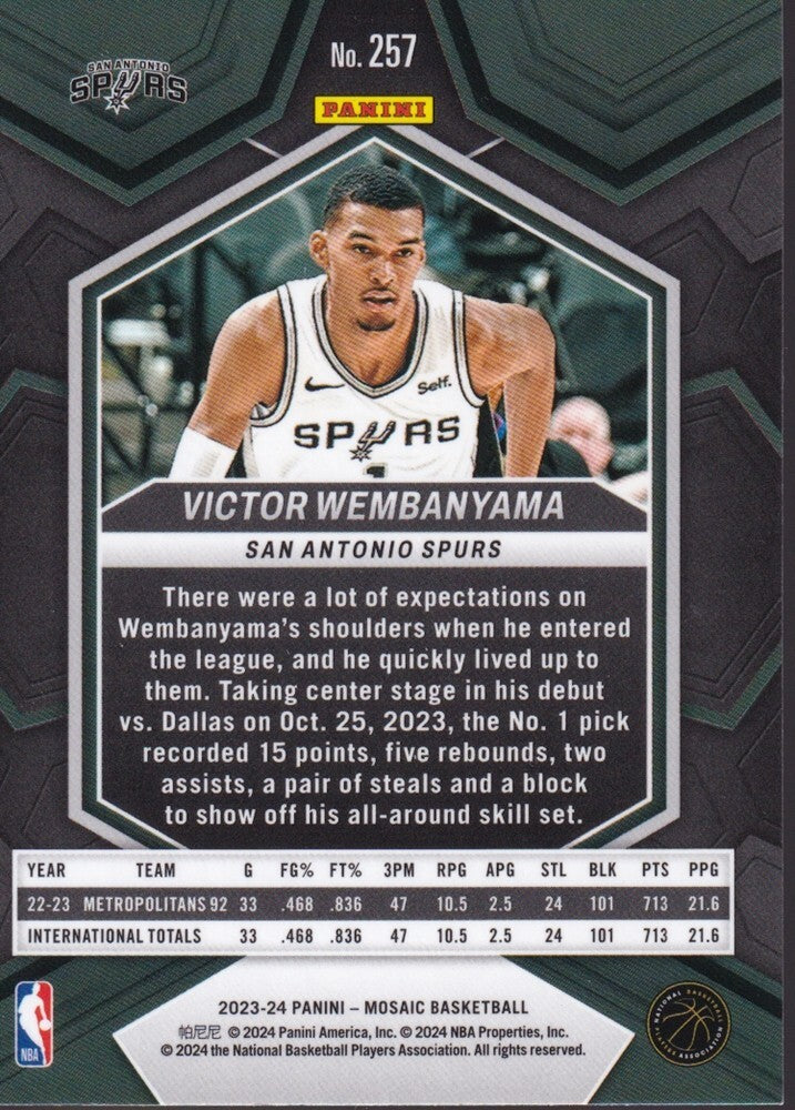 VICTOR WEMBANYAMA-NO.257 (NBA DEBUT)-2023-24 PANINI-MOSAIC (RC) ROOKIE CARD