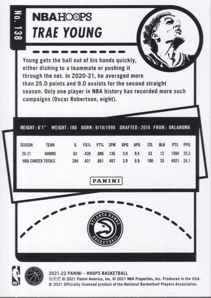 TRAE YOUNG-NO.138-2021/22 PANINI HOOPS BASKETBALL TRADING CARD