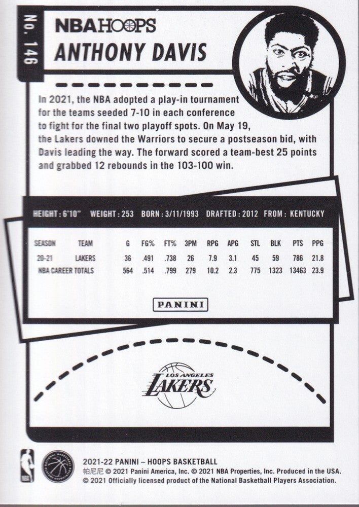 ANTHONY DAVIS-NO.146-2021/22 PANINI HOOPS BASKETBALL TRADING CARD