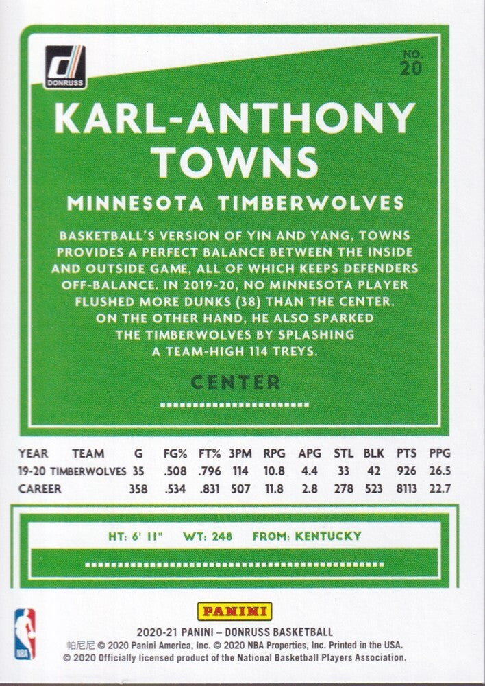 KARL-ANTHONY TOWNS-NO.20-2020/21 PANINI DONRUSS BASKETBALL TRADING CARD