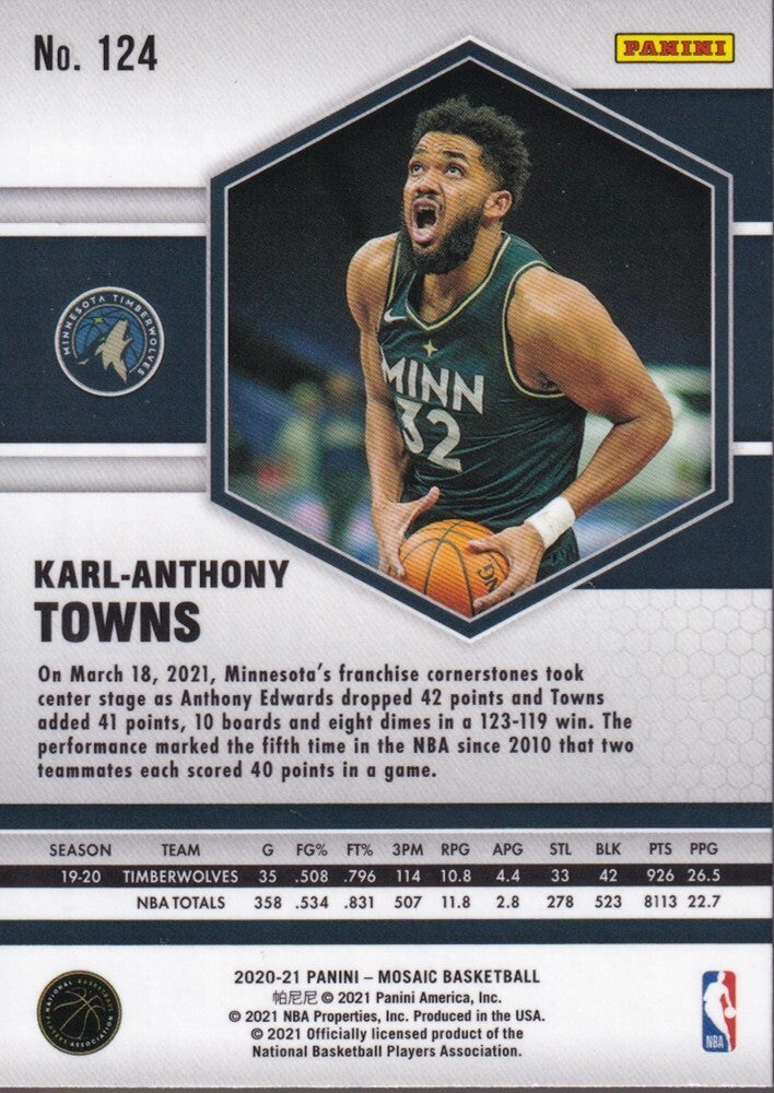 KARL-ANTHONY TOWNS-NO.124-2020/21 PANINI MOSAIC BASKETBALL TRADING CARD