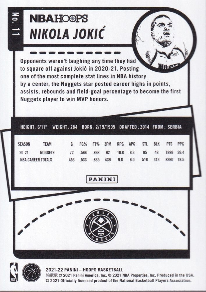 NIKOLA JOKIC-NO.11-2021/22 PANINI HOOPS BASKETBALL TRADING CARD
