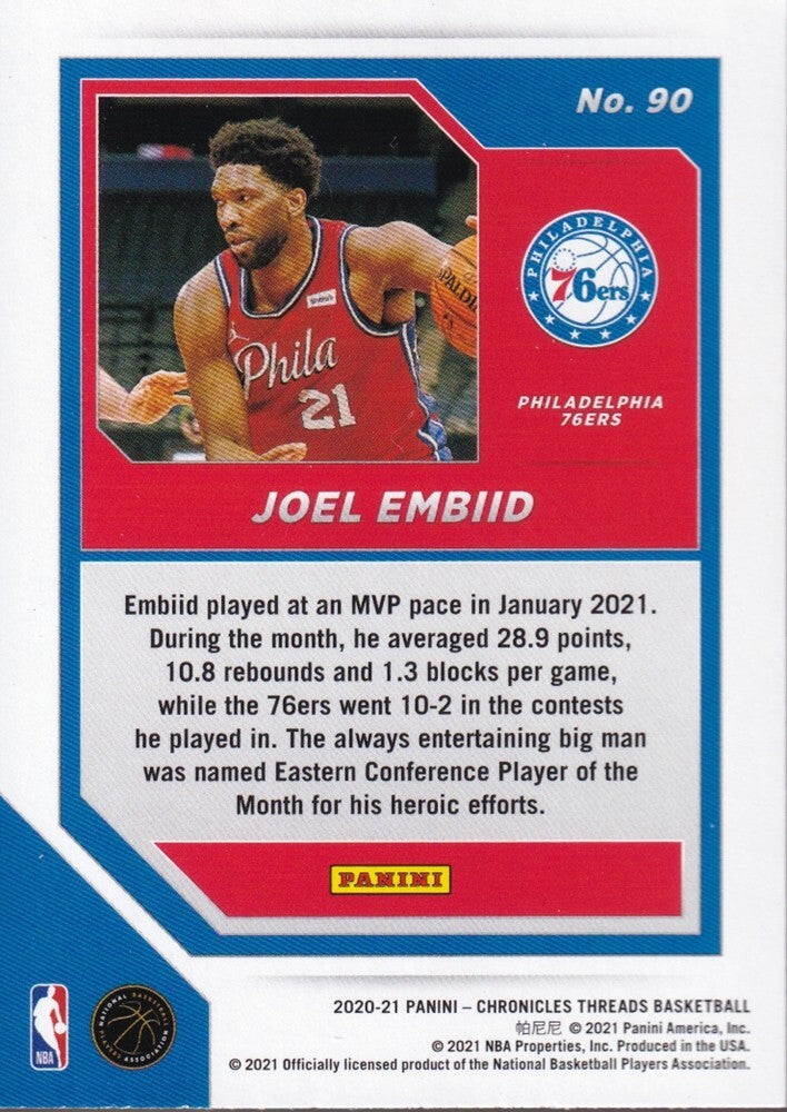 JOEL EMBID-NO.90-2020/21 PANINI CHRONICLES THREADS BASKETBALL TRADING CARD