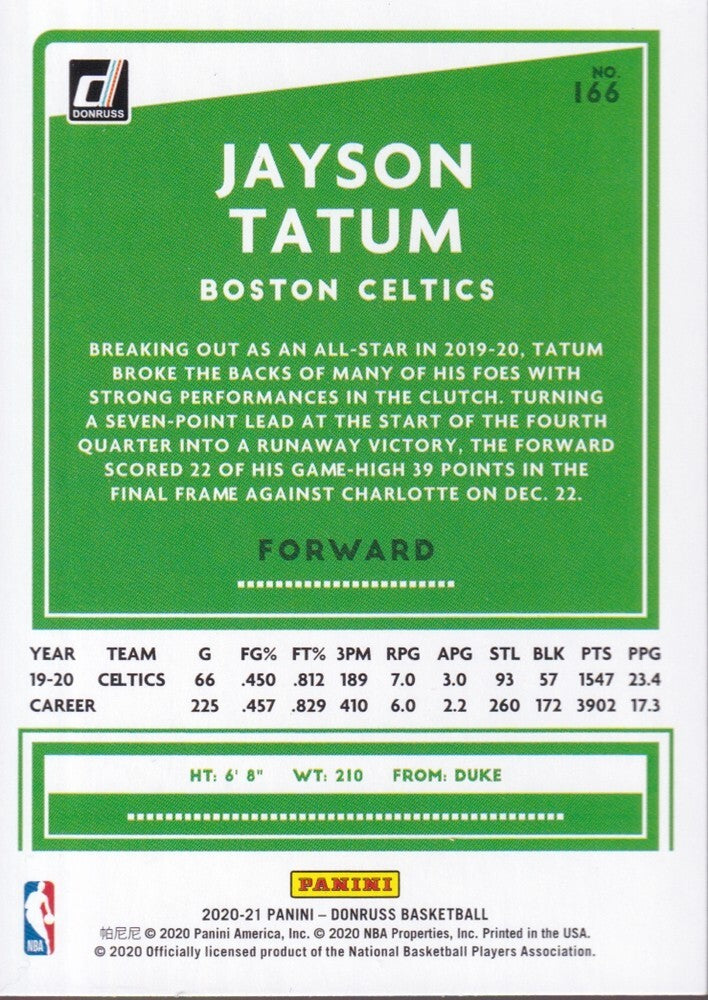 JAYSON TATUM-NO.166-2020/21 PANINI DONRUSS BASKETBALL TRADING CARD