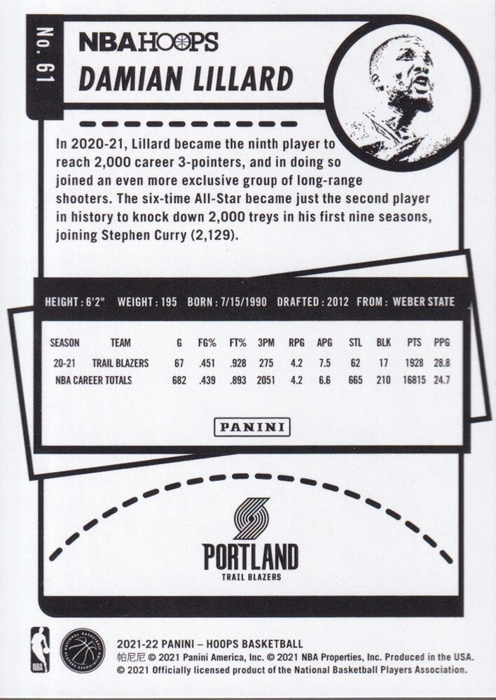 DAMIAN LILLARD-NO.61-2021/22 PANINI HOOPS BASKETBALL TRADING CARD