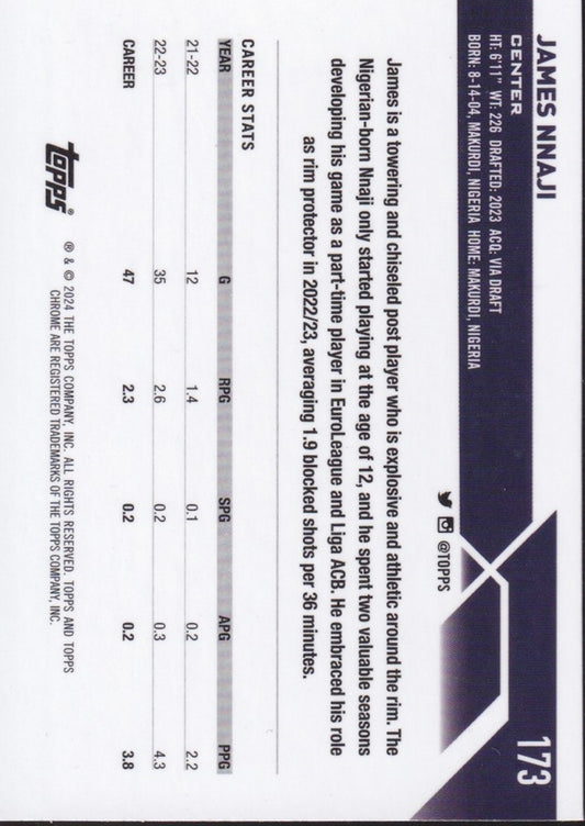 James Nnaji #173 Base (RC) Rookie Card-2023/24 Topps Chrome Basketball (NBA)