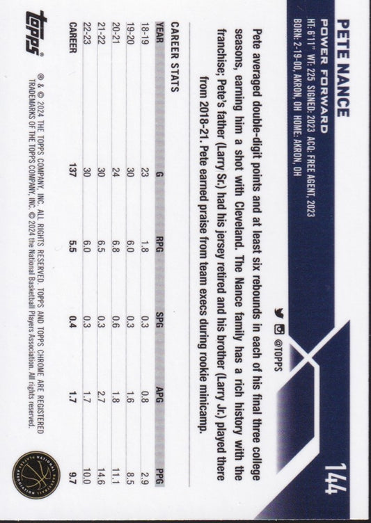 2023-24 Topps Chrome Basketball (NBA) #144 Pete Nance Base (RC) Rookie Card