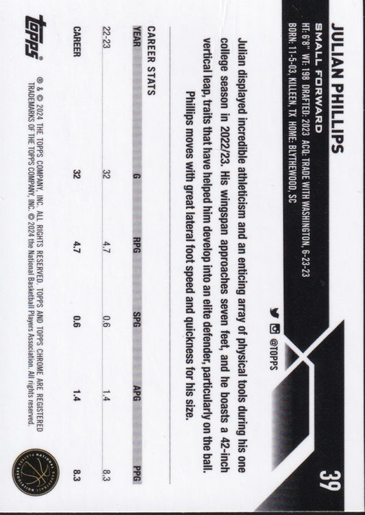 2023-24 Topps Chrome Basketball (NBA) #39 Julian Phillips Base (RC) Rookie Card