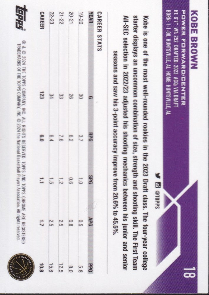 2023-24 Topps Chrome Basketball (NBA) #18 Kobe Brown Base (RC) Rookie Card