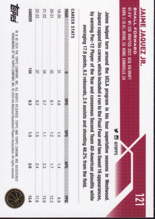 2023-24 Topps Chrome Basketball (NBA) #121 Jamie jaquez jr Base (RC) Rookie Card