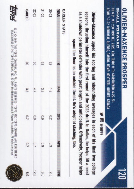 2023-24 Topps Chrome (NBA) Blue Basketball Refractors-Oliver-Maxence Prosper