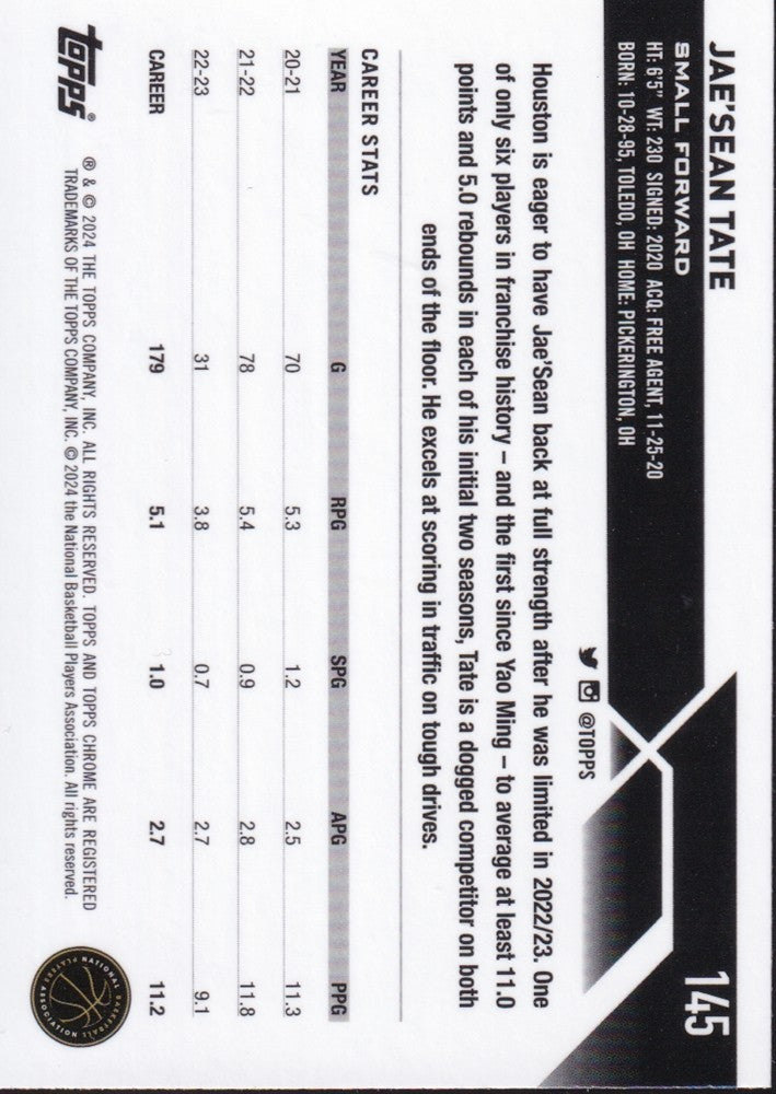 2023-24 Topps Chrome (NBA) Blue Basketball Refractors Card #145-Jae'Sean Tate