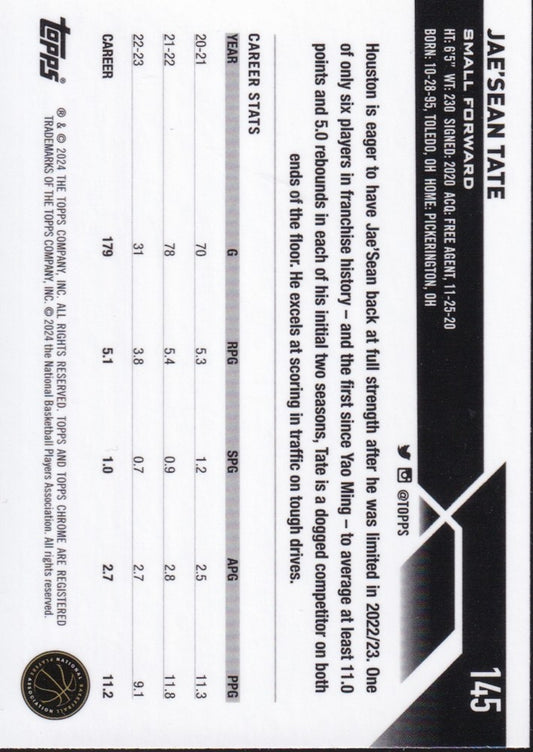 2023-24 Topps Chrome (NBA) Blue Basketball Refractors Card #145-Jae'Sean Tate