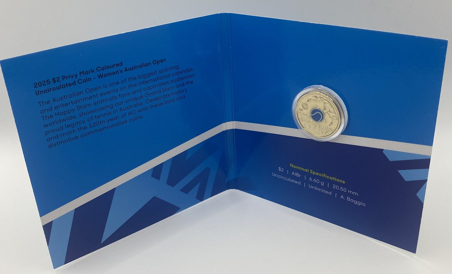 2025 WOMEN'S AUSTRALIAN OPEN $2 PRIVY MARK COLOURED UNCIRCULATED COIN IN FOLDER