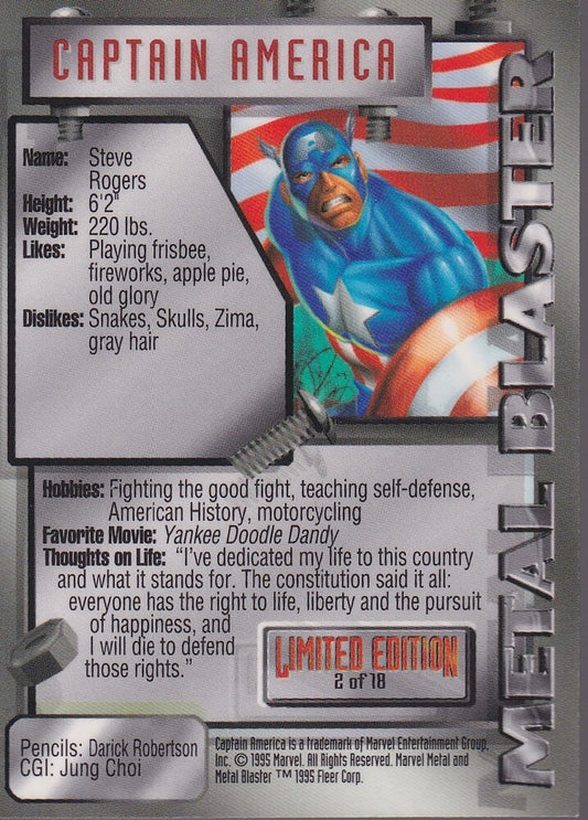 1995 FLEER MARVEL METAL-CAPTAIN AMERICA-NO.2 OF 18 (METAL BLASTER)