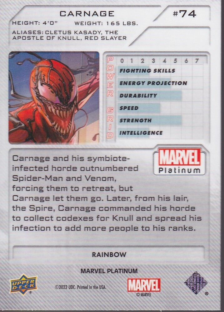 2023 UPPER DECK MARVEL PLATINUM-CARNAGE-NO.74 (RAINBOW BASE)
