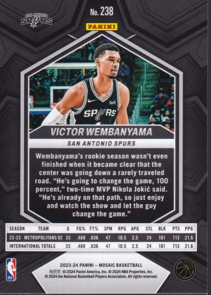 VICTOR WEMBANYAMA-NO.238 (BASE)-2023-24 PANINI-MOSAIC (RC) ROOKIE CARD