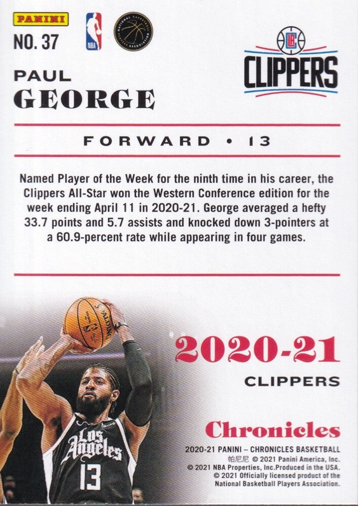 PAUL GEORGE-NO.37-2020/21 PANINI CHRONICLES BASKETBALL TRADING CARD