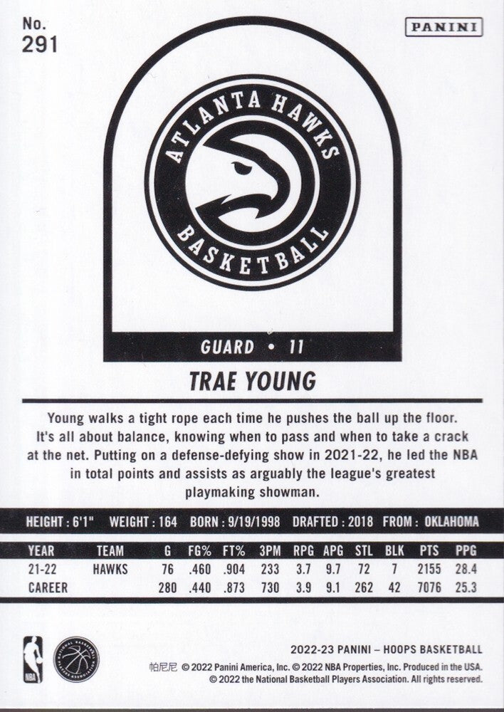 TRAE YOUNG-NO.291-2022/23 PANINI HOOPS BASKETBALL TRADING CARD