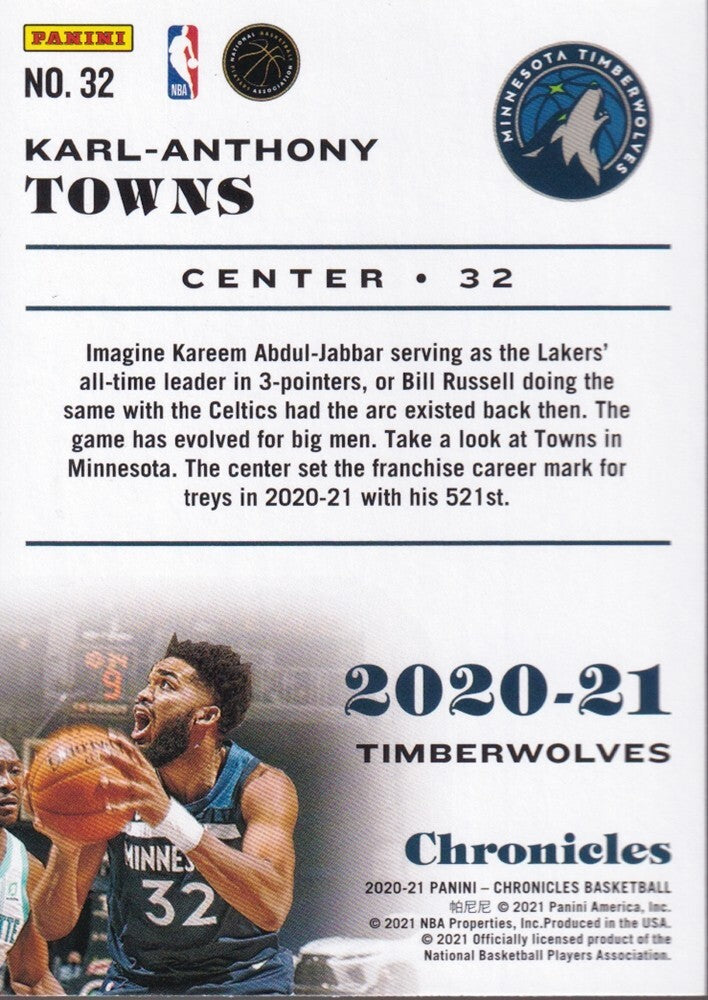 KARL-ANTHONY TOWNS-NO.32-2020/21 PANINI CHRONICLES BASKETBALL TRADING CARD