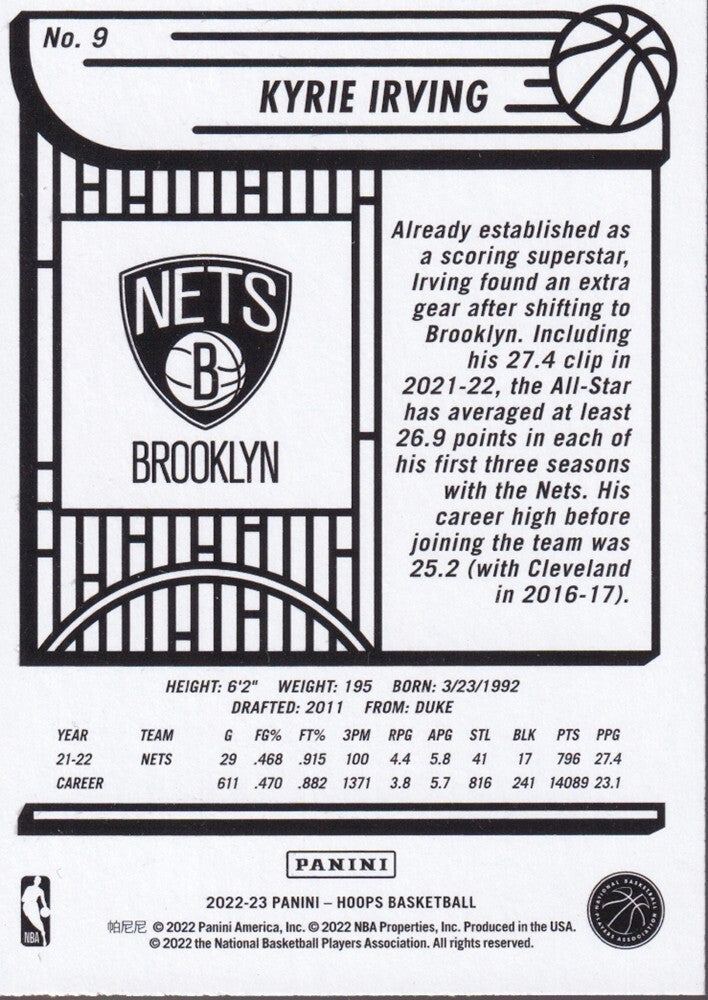KYRIE IRVING-NO.9-2022/23 PANINI HOOPS BASKETBALL TRADING CARD