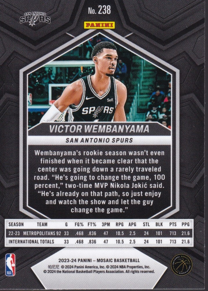 VICTOR WEMBANYAMA-NO.238 (BASE)-2023-24 PANINI-MOSAIC (RC) ROOKIE CARD