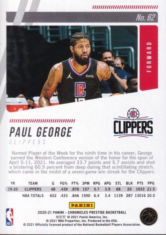 PAUL GEORGE-NO.62-2020/21 PANINI CHRONICLES PRESTIGE BASKETBALL TRADING CARD