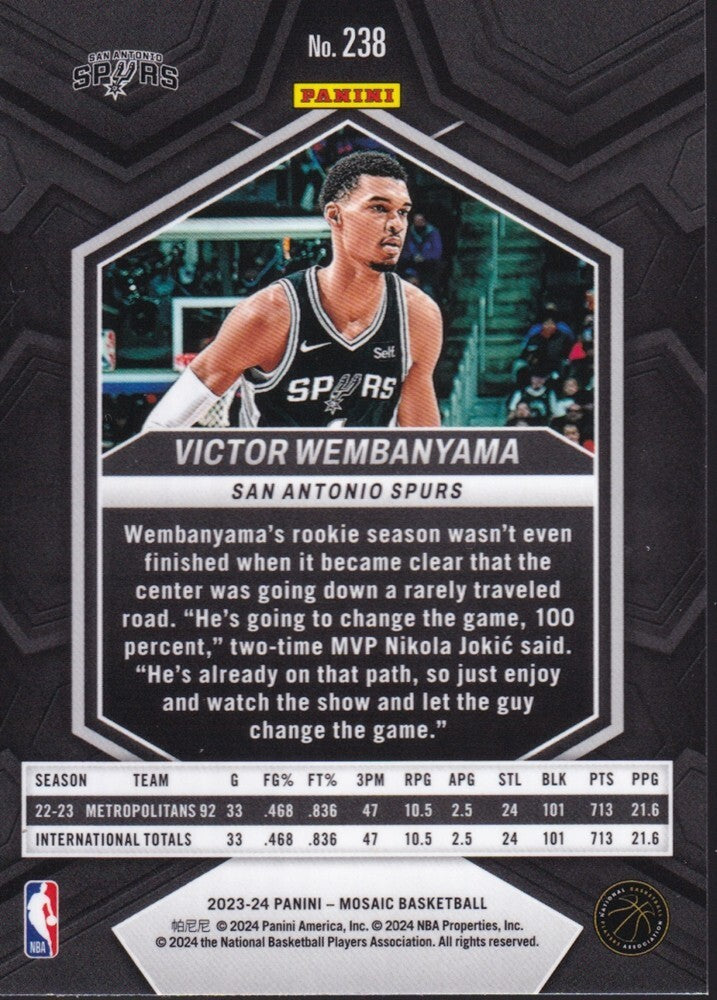 VICTOR WEMBANYAMA-NO.238 (BASE)-2023-24 PANINI-MOSAIC (RC) ROOKIE CARD
