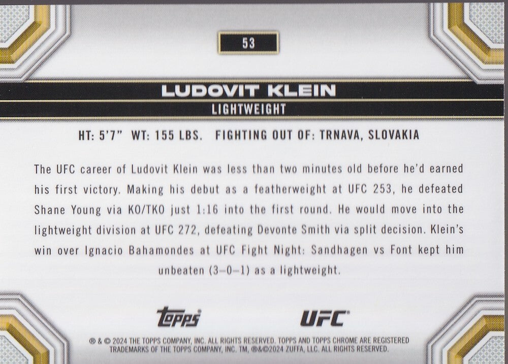 LUDOVIT KLEIN-NO.53-SEPIA REFRACTOR CARD-2024 TOPPS CHROME UFC
