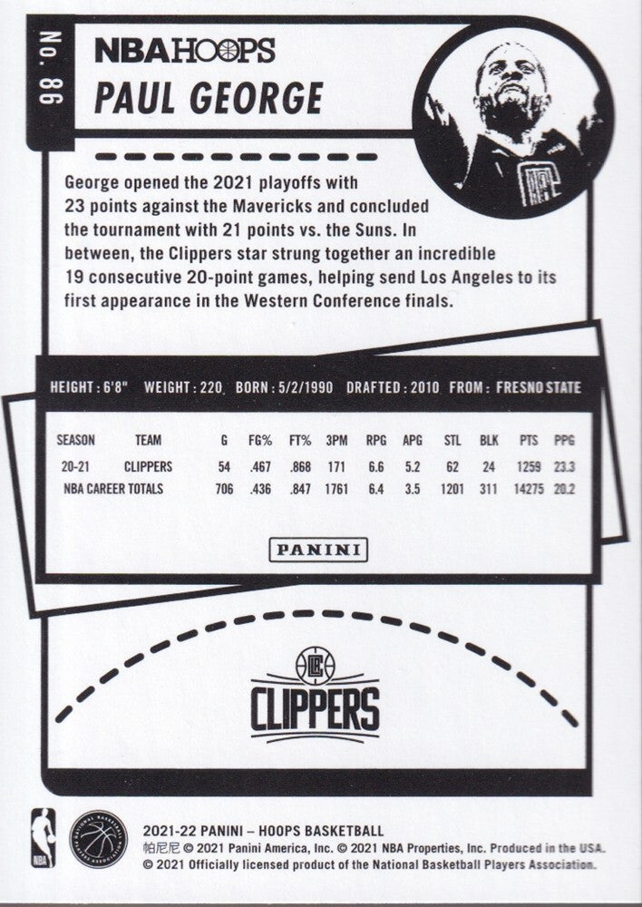 PAUL GEORGE-NO.86-2021/22 PANINI HOOPS BASKETBALL TRADING CARD