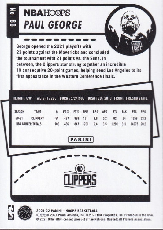 PAUL GEORGE-NO.86-2021/22 PANINI HOOPS BASKETBALL TRADING CARD