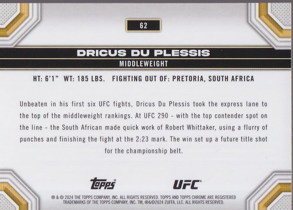 DRICUS DU PLESSIS-NO.62-PRISM REFRACTOR CARD-2024 TOPPS CHROME UFC