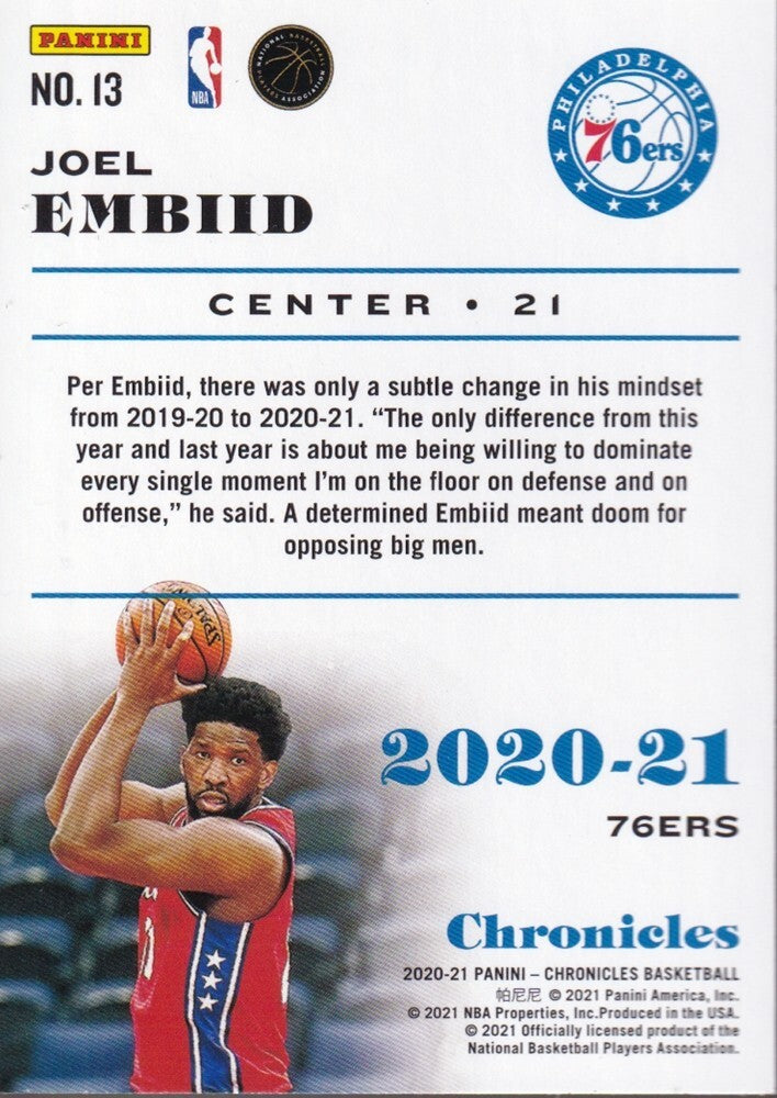 JOEL EMBID-NO.13-2020/21 PANINI CHRONICLES BASKETBALL TRADING CARD