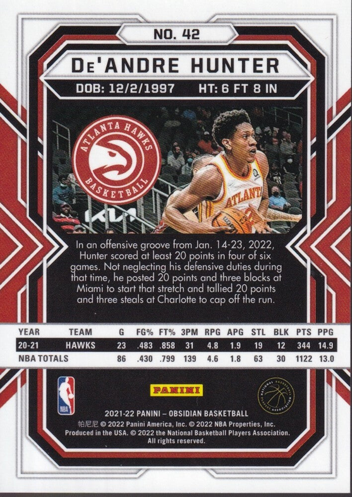 DEANDRE HUNTER-NO.42 (ELECTRIC ETCH RED FLOOD)-2021/22 PANINI OBSIDIAN CARD