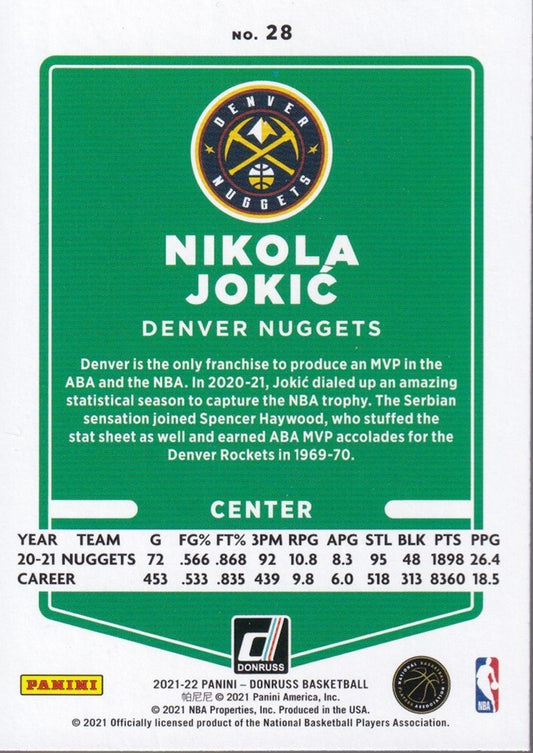 NIKOLA JOKIC-NO.28-2021/22 PANINI DONRUSS BASKETBALL TRADING CARD