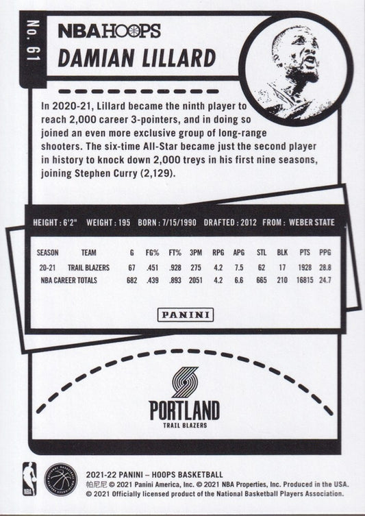 DAMIAN LILLARD-NO.61-2021/22 PANINI HOOPS BASKETBALL TRADING CARD