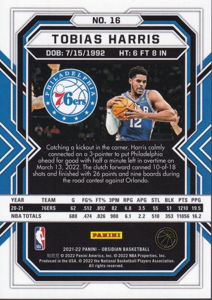 TOBIAS HARRIS-NO.16 (ELECTRIC ETCH RED FLOOD)-2021/22 PANINI OBSIDIAN CARD