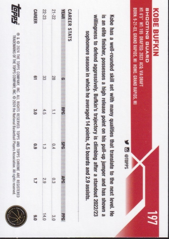 2023-24 Topps Chrome Basketball (NBA) #197-Kobe Bufkin Base (RC) Rookie Card