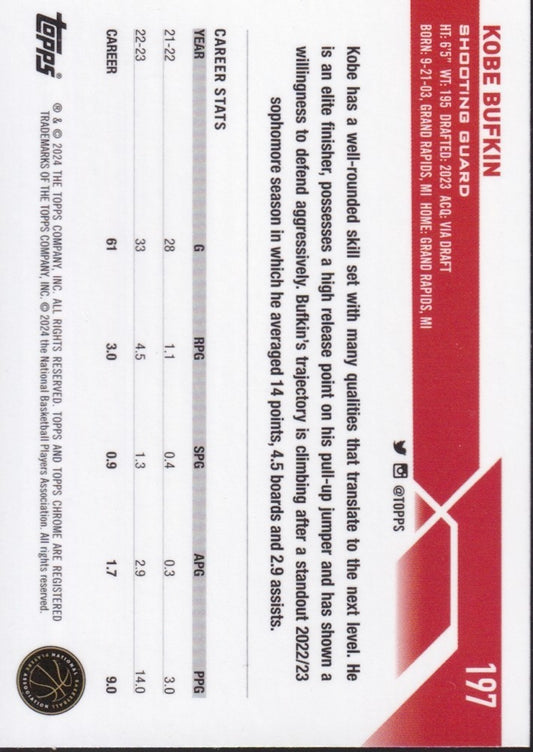 2023-24 Topps Chrome Basketball (NBA) #197-Kobe Bufkin Base (RC) Rookie Card