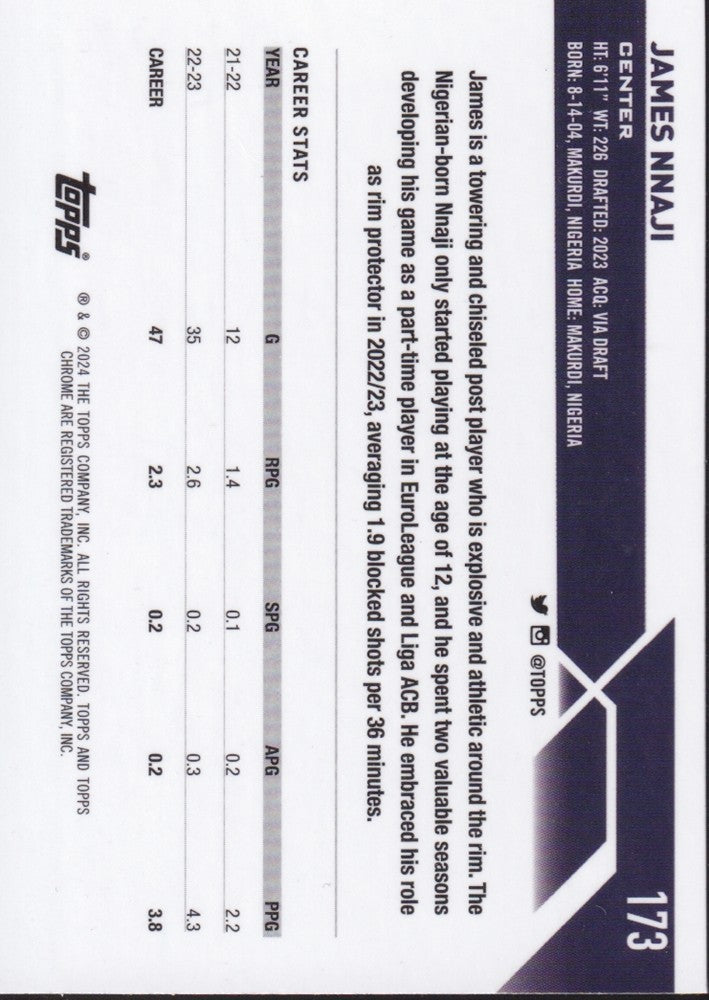 James Nnaji #173 Base (RC) Rookie Card-2023/24 Topps Chrome Basketball (NBA)