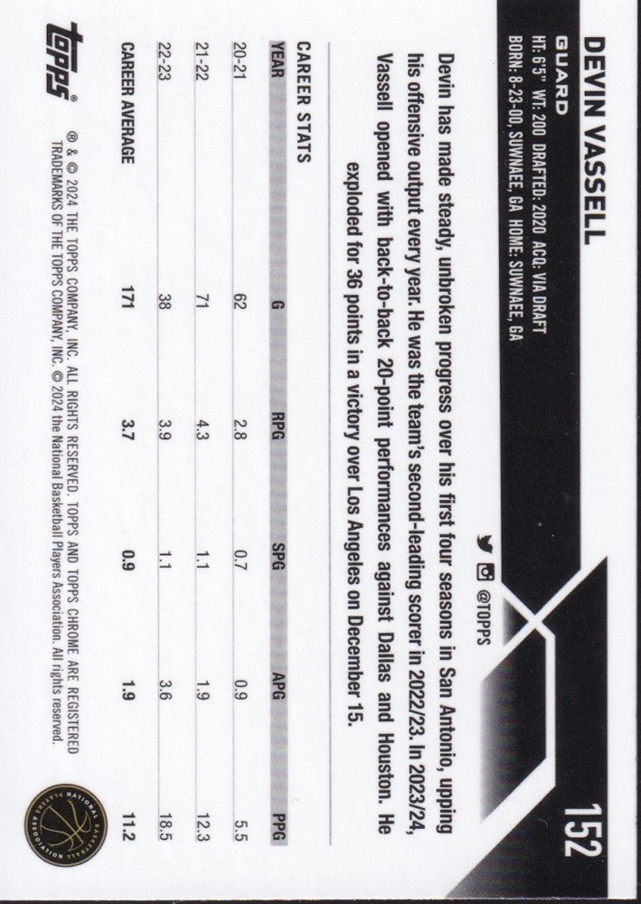 2023-24 Topps Chrome (NBA) Blue Basketball Refractors Card-#152 Devin Vassell