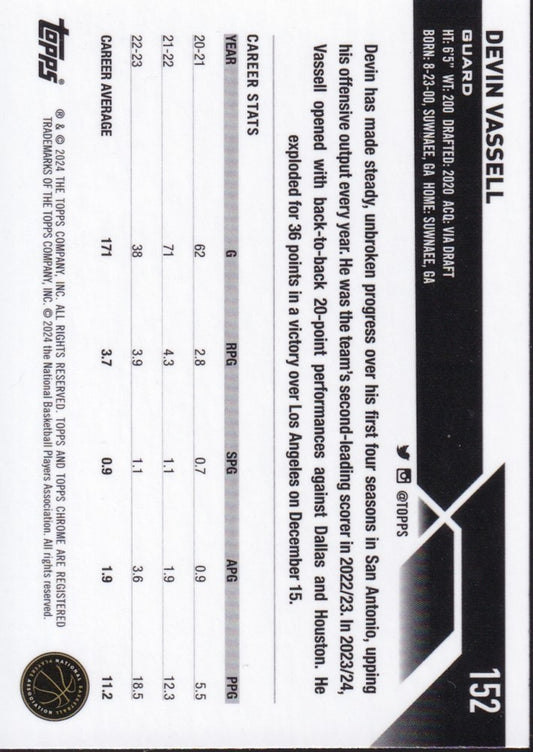 2023-24 Topps Chrome (NBA) Blue Basketball Refractors Card-#152 Devin Vassell