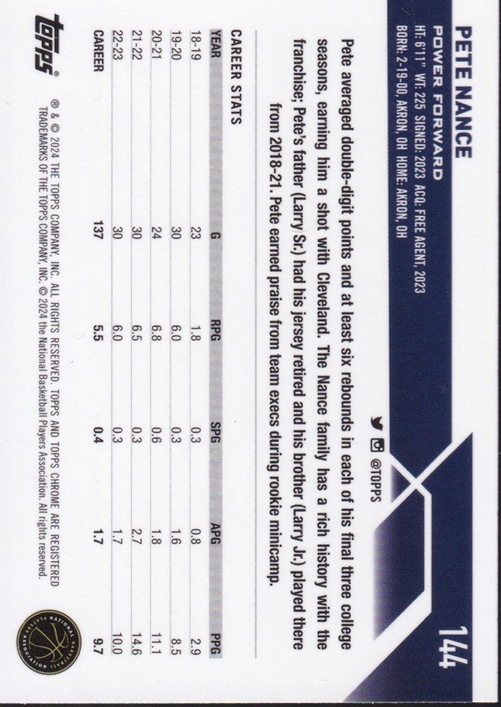 2023-24 Topps Chrome Basketball (NBA) #144 Pete Nance Base (RC) Rookie Card