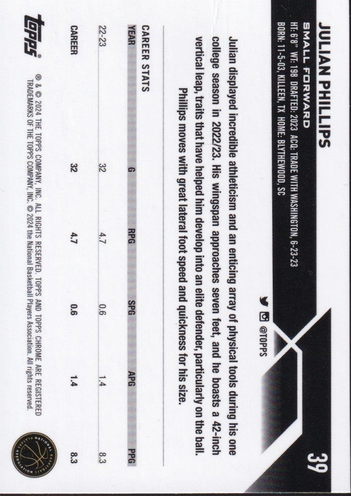 2023-24 Topps Chrome Basketball (NBA) #39 Julian Phillips Base (RC) Rookie Card