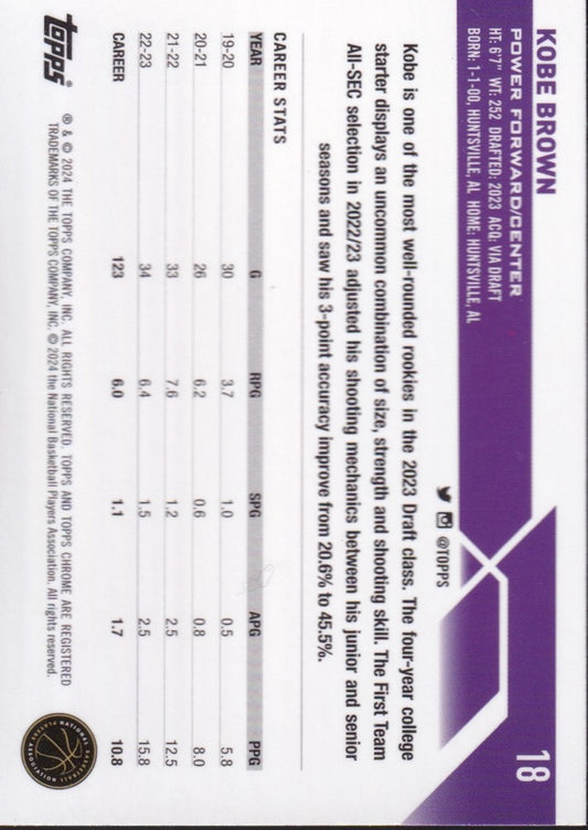 2023-24 Topps Chrome Basketball (NBA) #18 Kobe Brown Base (RC) Rookie Card