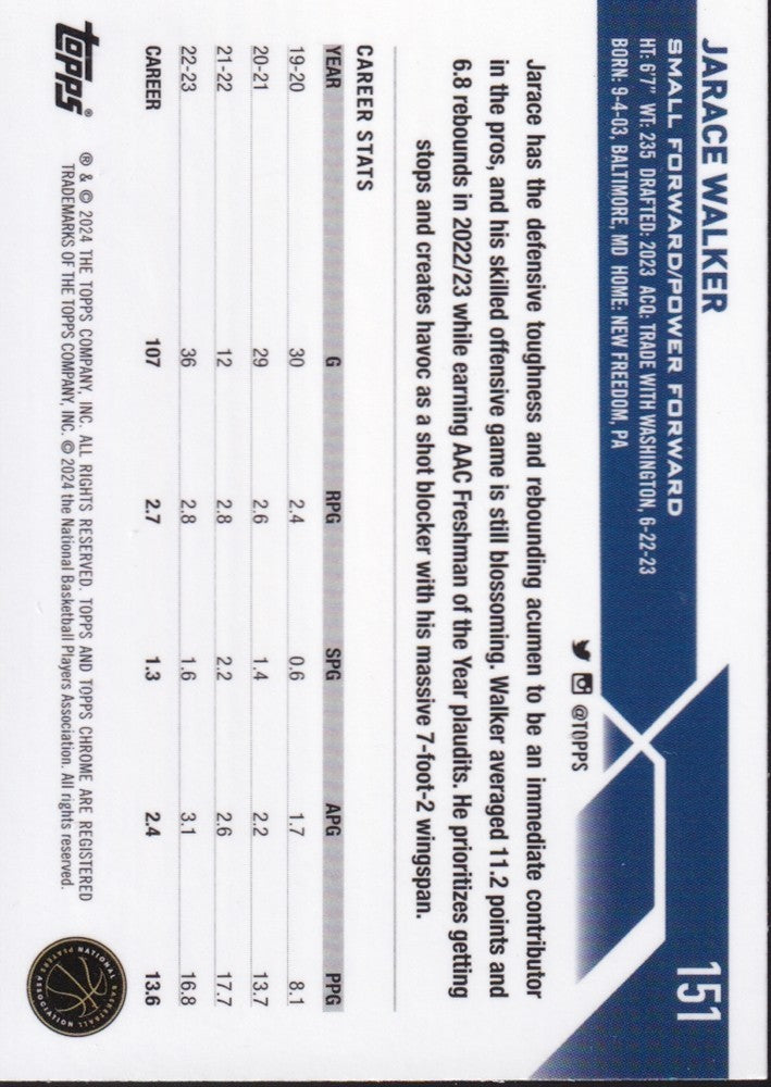 2023-24 Topps Chrome Basketball (NBA) #151 Jarace Walker Base (RC) Rookie Card